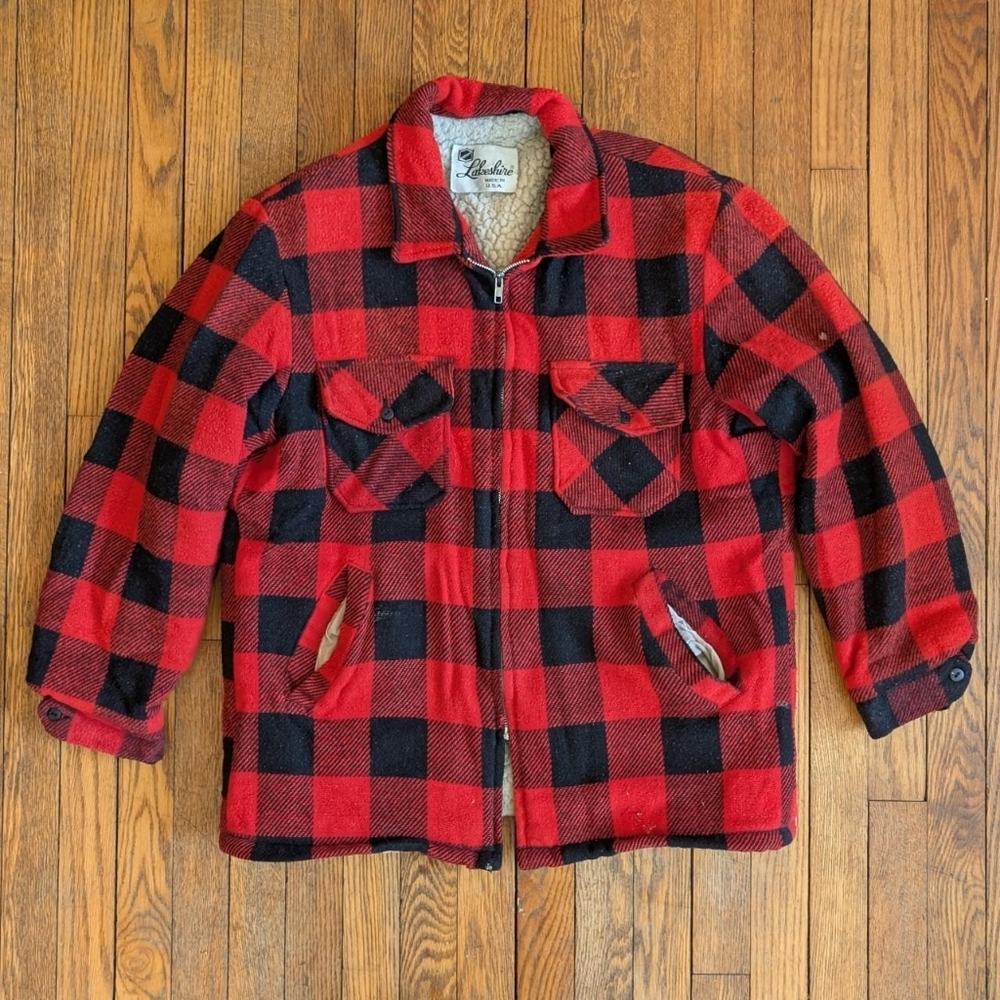 Vintage 70's 80's Buffalo Plaid Faux Shearling Lined Hunting Field Jacket